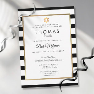 Invitación Bar, Bat Mitzvah Clásico Negro Blanco Raya Dorado 