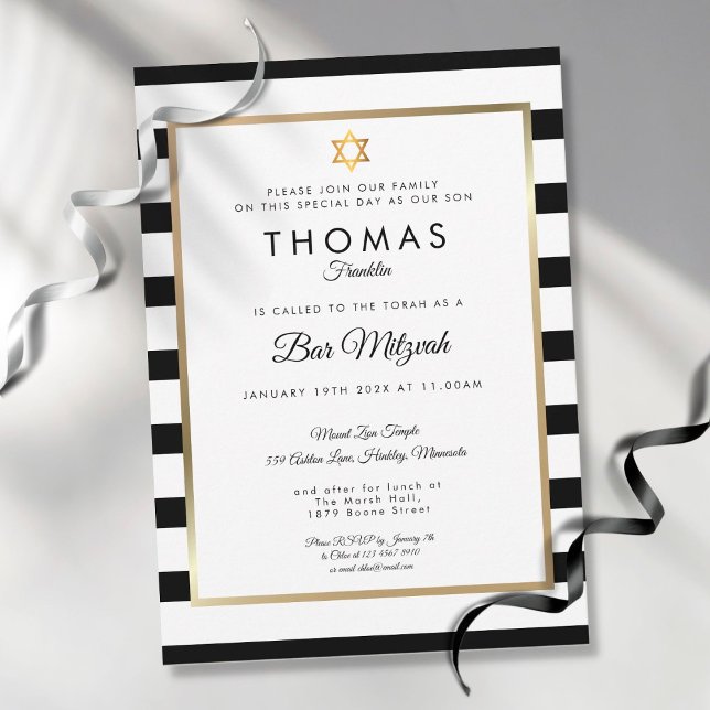 Invitación Bar, Bat Mitzvah Classic Black Stripe Gold (Subido por el creador)