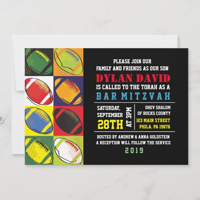 Invitación Bar Bat Mitzvah con temas de fútbol retro (Anverso)