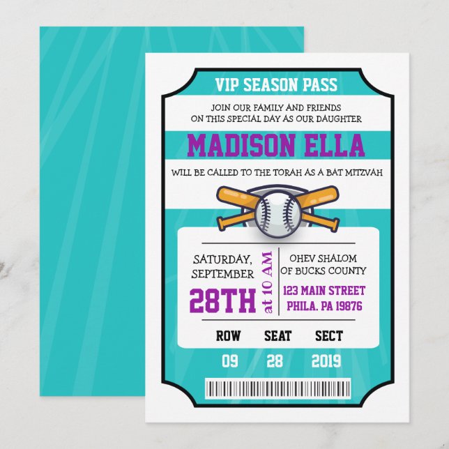 Invitación Bar Bat Mitzvah Entrada de béisbol (Anverso / Reverso)