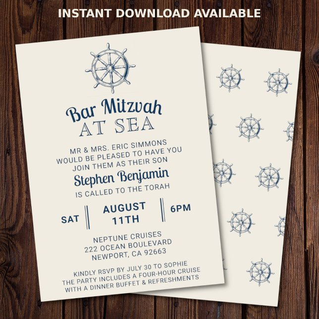Invitación Bar Bat Mitzvah Yacht Fiesta Nautical (Nautical Bar or Bat Mitzvah invitation)