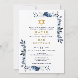Invitación Bar Botánico Floral Azul de la Marina Mitzvah Bat 