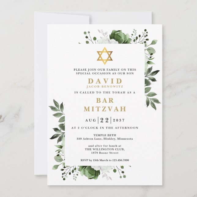 Invitación Bar Botánico Floral Verde Mitzvah Bat Mitzvah (Anverso)