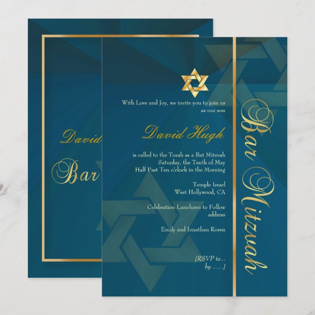 Invitación BAR CLÁSICO PixDezines MITZVAH/AZUL VERDE AZULADO+ (Anverso / Reverso)