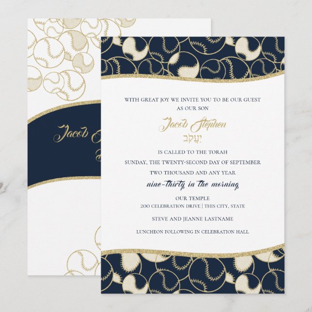 Invitación Bar de béisbol Mitzvah Gold y Blue (Anverso / Reverso)