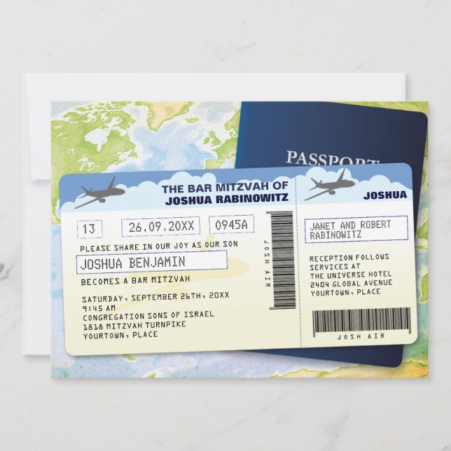 Invitación Bar de documentos de viaje o Bat Mitzvah (Anverso)