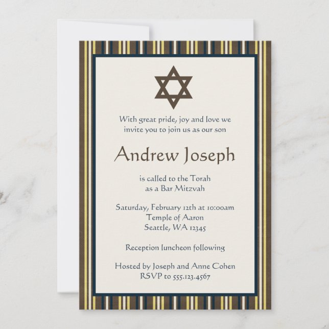 Invitación Bar de franjas azules y marrones Mitzvah (Anverso)