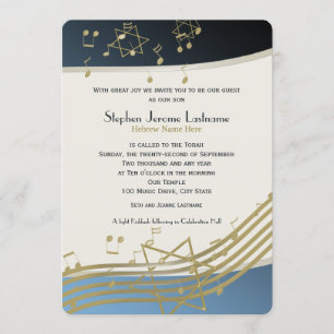 Invitación Bar de música azul y dorada Mitzvah