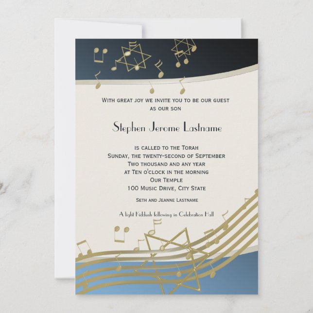 Invitación Bar de música azul y dorada Mitzvah (Reverso)