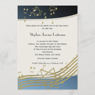 Invitación Bar de música azul y dorada Mitzvah