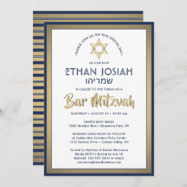 Invitación Bar de nombres hebreos Mitzvah Elegant Gold White 