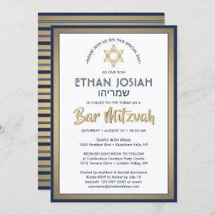 Invitación Bar de nombres hebreos Mitzvah Elegant Gold White