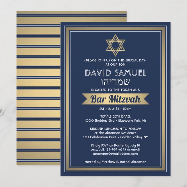 Invitación Bar de nombres hebreos Mitzvah Marina Azul blanco  (Anverso / Reverso)