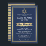 Invitación Bar de nombres hebreos Mitzvah Marina Azul blanco<br><div class="desc">Invite a la familia y amigos a una elegante ceremonia de mitzvah en el bar y celebración por él con esta invitación al Relieve metalizado azul marino, blanco y falso oro. Todo el texto es sencillo para el personalizar, por lo que puede incluir cualquier texto con respecto al servicio, lectura...</div>