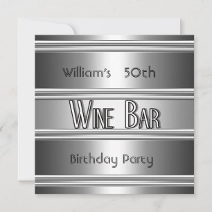Invitación Bar de Vino metal Plateado Negro Cumpleaños 50 Hom