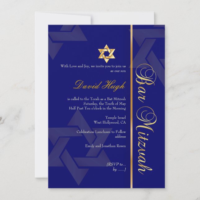 Invitación Bar elegante Mitzvah/azul oscuro/oro (Anverso)
