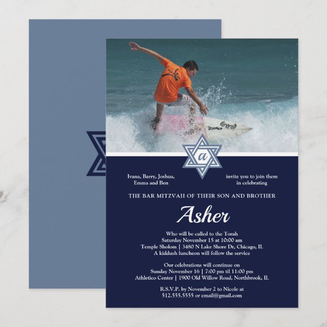 Invitación Bar fotográfico moderno y elegante Mitzvah (Anverso / Reverso)