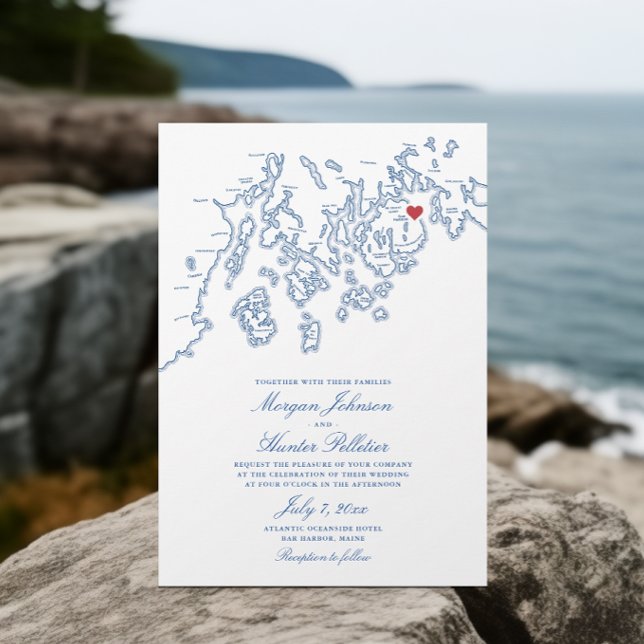 Invitación Bar Harbour Maine Map Elegante Boda de la Marina (Bar Harbor Maine Map Wedding Invitation in elegant navy blue by Penobscot Bay Shop)