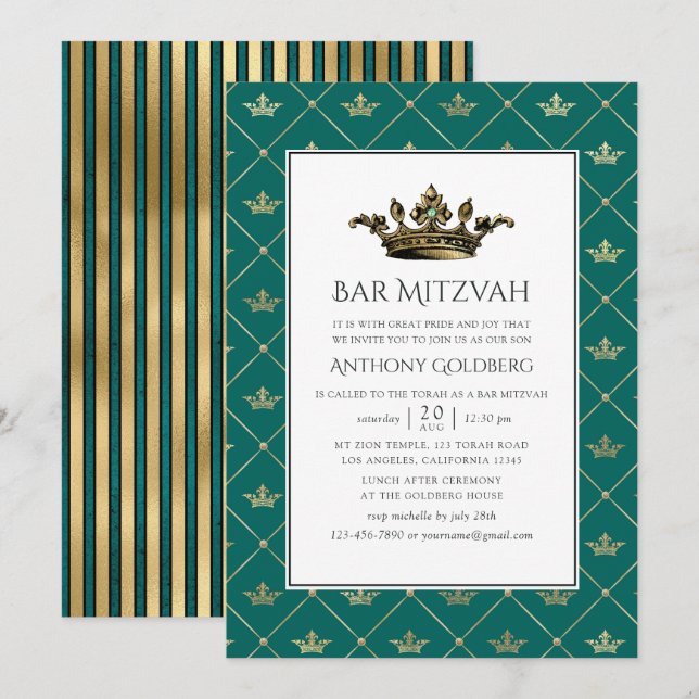 Invitación Bar Heraldic verde azulado Mitzvah (Anverso / Reverso)