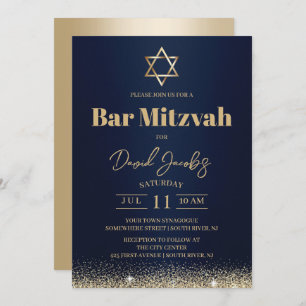 Invitación Bar judío Mitzvah Marina moderna azul y oro