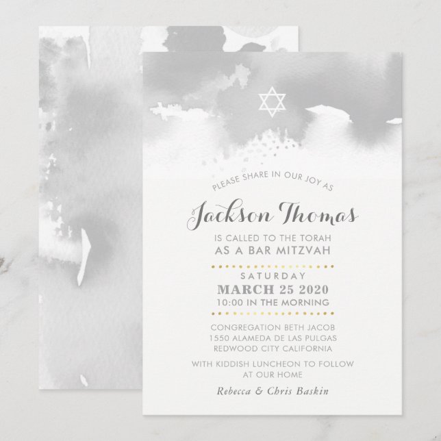 Invitación BAR MITZVAH acuarela moderna gris claro (Anverso / Reverso)
