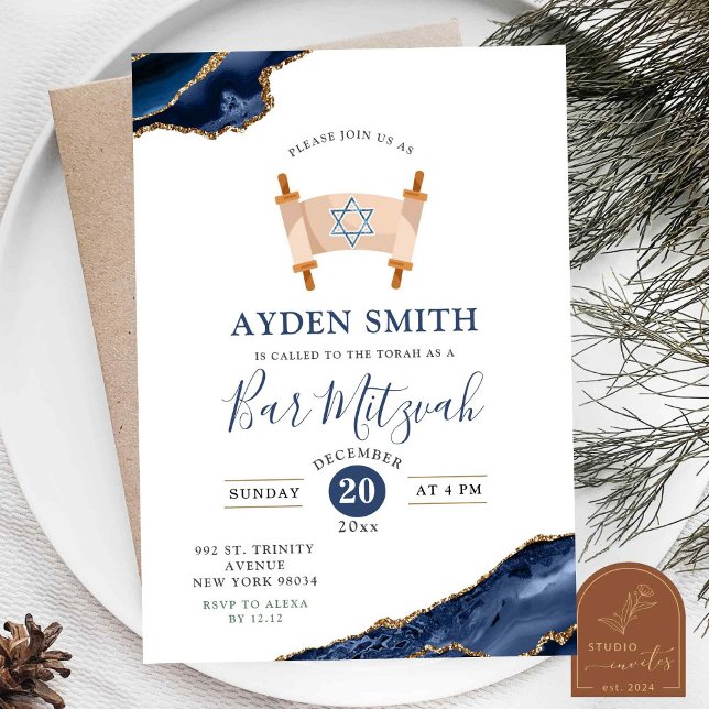 Invitación Bar Mitzvah Agate Oro Azul Marino (Subido por el creador)