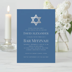 Invitación Bar Mitzvah Azul Clásico Falso Estrella de David d