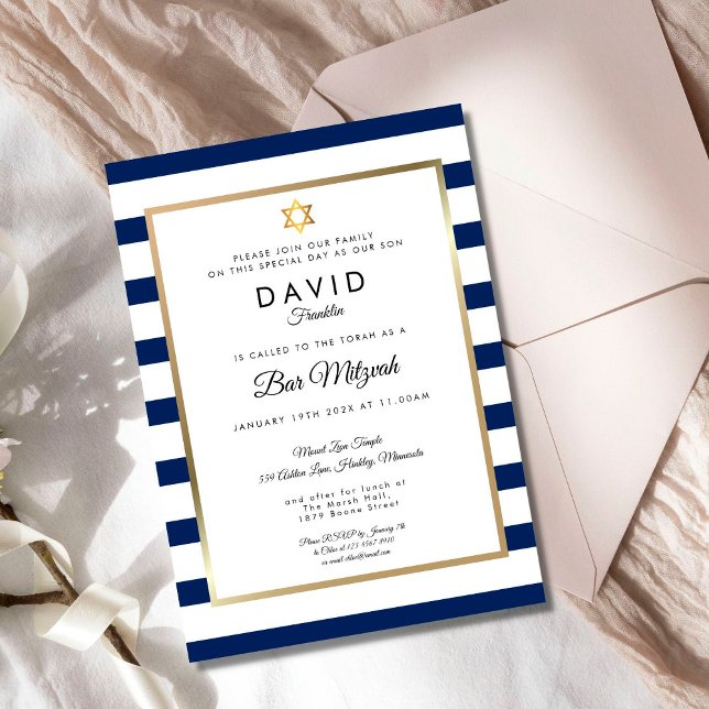 Invitación Bar Mitzvah Azul Marino Blanco Raya Dorado (Subido por el creador)