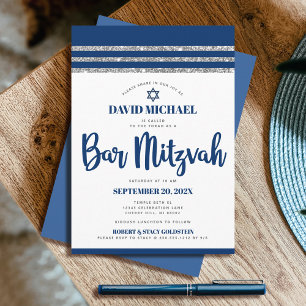 Invitación Bar Mitzvah Azul Marino Escritura Simple Moderno T