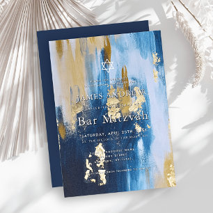 Invitación Bar Mitzvah Azul Marino y Hoja de Oro Falso
