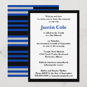 Invitación Bar Mitzvah Azul / Rayas de Plata sobre Negro