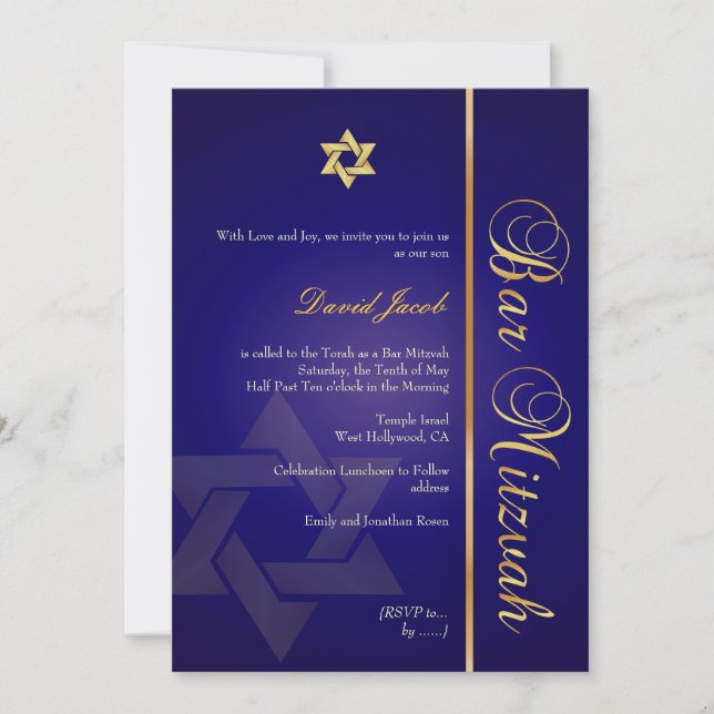 Invitación Bar Mitzvah/azul real/oro (Anverso)