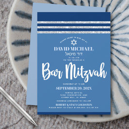 Invitación Bar Mitzvah Azul Tallit de Plata Alto Moderno Letr