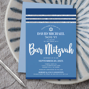 Invitación Bar Mitzvah Azul Tallit de Plata Alto Moderno Letr