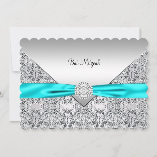Invitación Bar Mitzvah Azul Teal Plateado (Anverso)