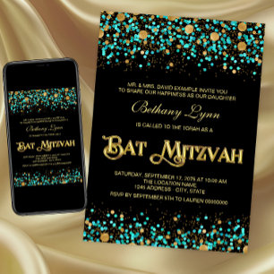 Invitación Bar Mitzvah Azul Turquesa y Dorado