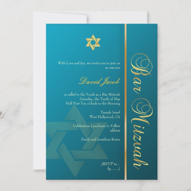 Invitación Bar Mitzvah/azul verde/oro (Anverso)
