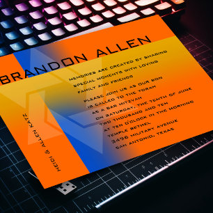 Invitación Bar Mitzvah Azul y Amarillo en Cualquier Color