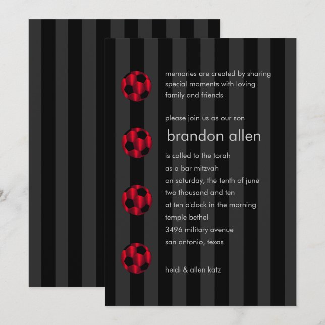 Invitación Bar Mitzvah Banda de fútbol rojo y negro (Anverso / Reverso)