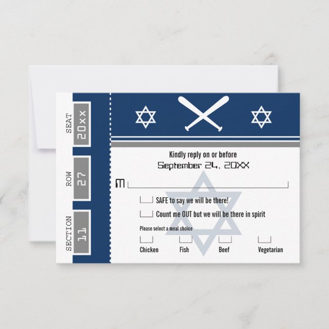 Invitación Bar Mitzvah Béisbol Ticket RSVP con opción de comi (Anverso)