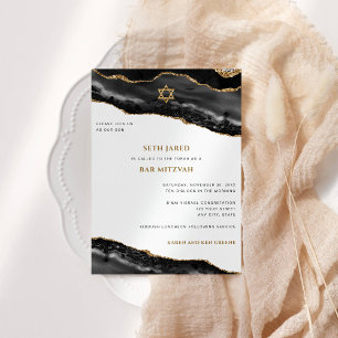 Invitación Bar Mitzvah Black and Gold Agate Border Moderno