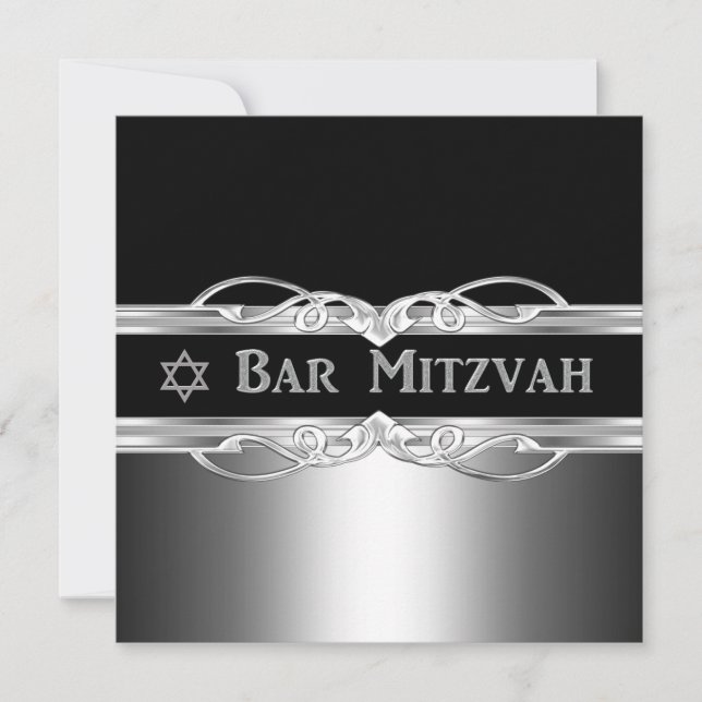 Invitación Bar Mitzvah Black Silver Metalizado Boy (Anverso)