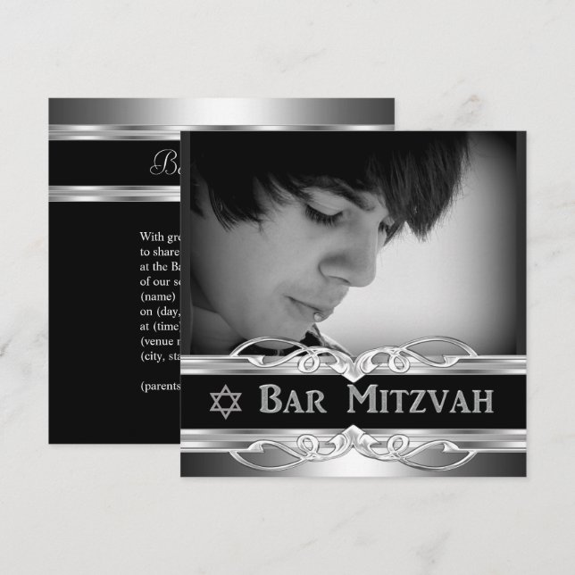 Invitación Bar Mitzvah Black Silver Metalizado macho 2 (Anverso / Reverso)