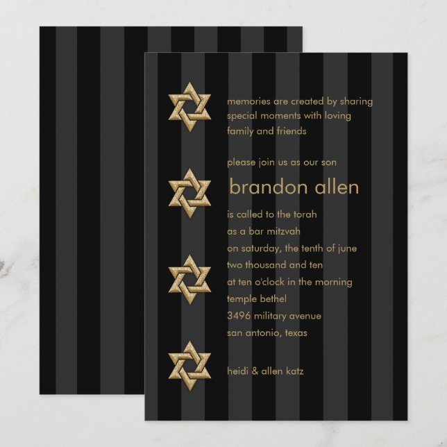 Invitación Bar Mitzvah Black Stripe Gold Star (Anverso / Reverso)