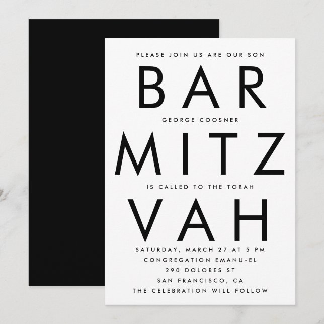 Invitación Bar Mitzvah blanco ultra moderno (Anverso / Reverso)