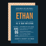Invitación BAR MITZVAH bloque moderno negrita naranja azul os<br><div class="desc">por kat massard >> WWW.SIMPLYSWEETPAPERIE.COM <<< - - - - - - - - - - - - - - - - - - CONTACTE CONMIGO para ayudar a equilibrar tu tipo a la perfección Amar el diseño, pero me gustaría ver algunos cambios - otro esquema de color, producto, añadir...</div>
