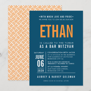 Invitación BAR MITZVAH bloque moderno negrita naranja azul os
