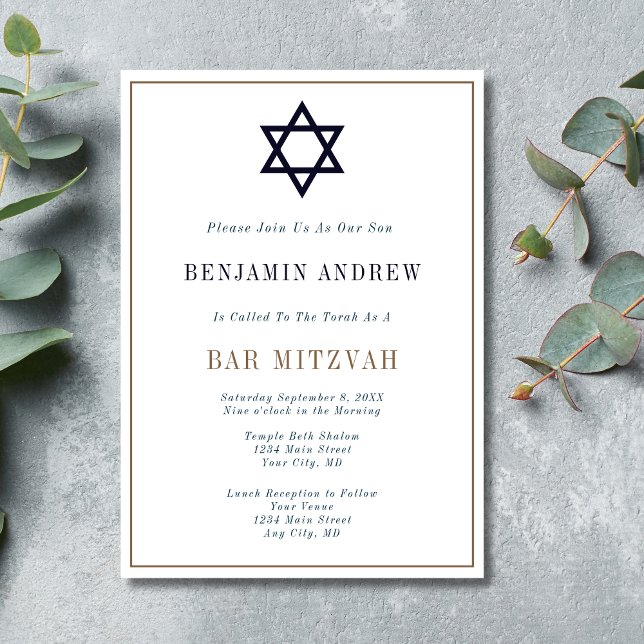 Invitación Bar Mitzvah Blue Gold Star de la Marina Clásica (Classic Navy Blue Gold Star of David Bar Mitzvah Invitation. Formal Traditional)