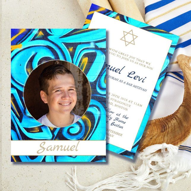 Invitación Bar Mitzvah Blue Modern Photo Star De David (Subido por el creador)