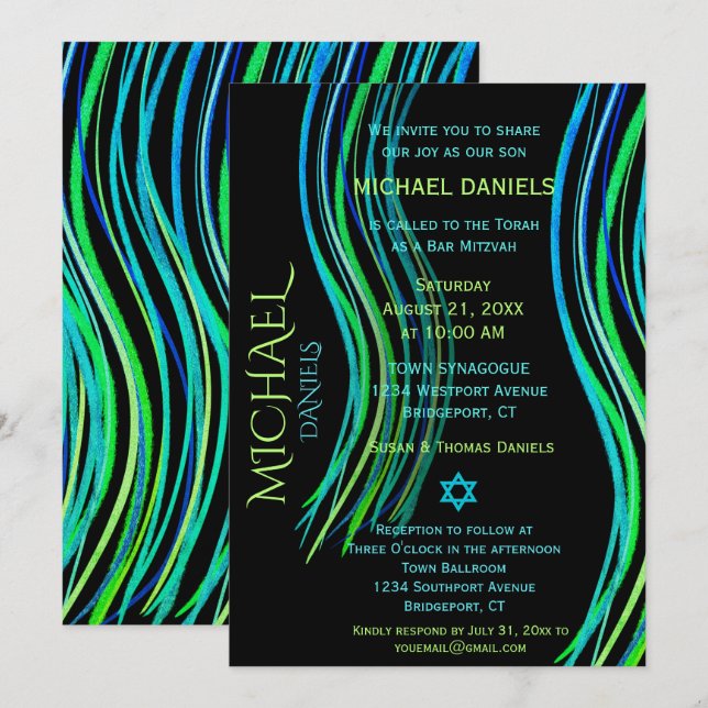 Invitación Bar Mitzvah Blue Neon Green Prayer Shawl (Anverso / Reverso)
